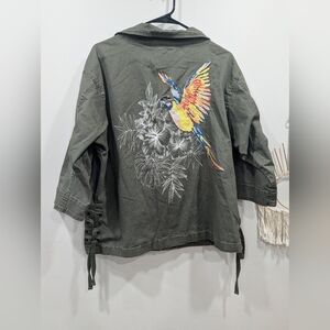 Express Olive Green Jacket with Vibrant Bird Design